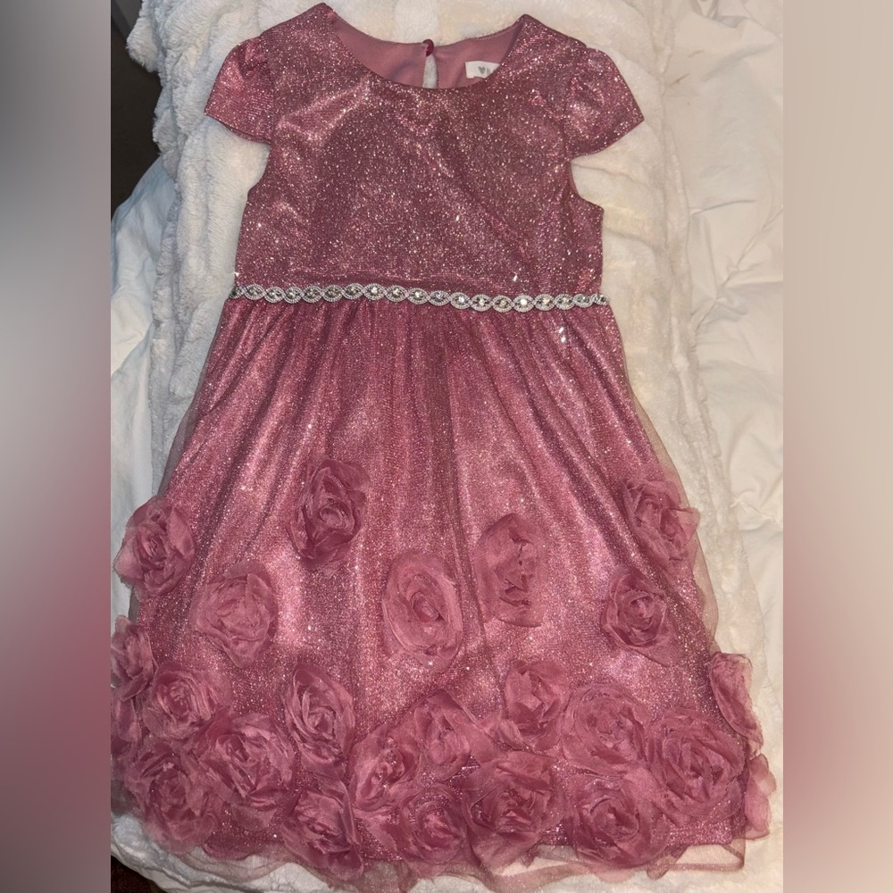 Nannette Glittery Pink Dress with Rosette Details 4T 4 bling